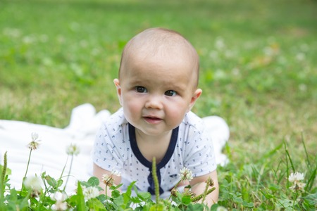 Baby girl crawling on green grass. Selective focus on her eyesの写真素材