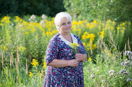 Senior grandmother outdoor. White and grey hair are highlighted by the sun. Yellow flowers are on backgroundの写真素材