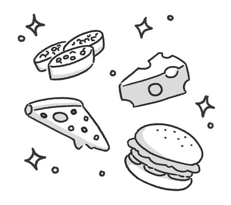 Fast food icons set. Hand drawn doodle vector illustration.のイラスト素材