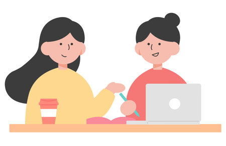 Two women working on a laptop. Vector illustration in flat style.のイラスト素材