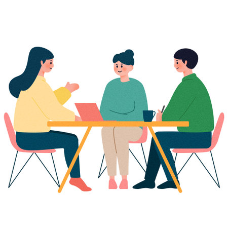Flat style vector illustration of a group of people sitting at a table and talking.のイラスト素材