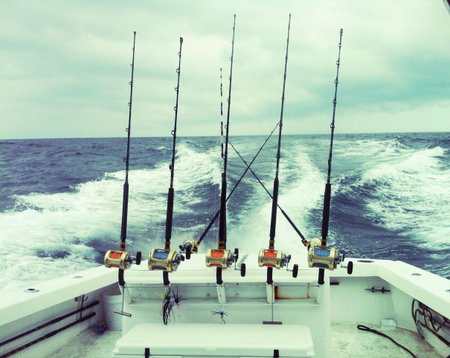 Deep sea fishing on the Atlantic. Trolling for tuna and marlin over the Baltimore canyon in the Atlantic Ocean. 60 miles off the coast of Ocean City Maryland. の素材