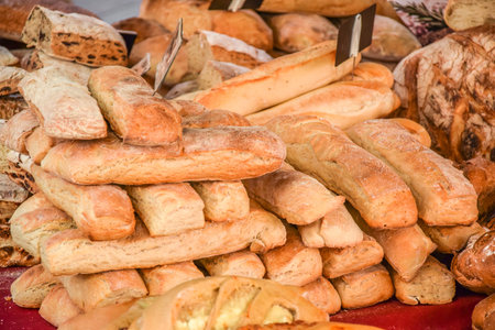 French baguettes on market. |