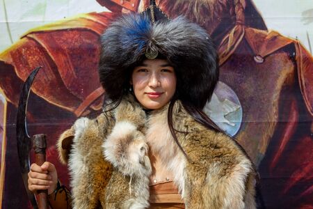 Istanbul / Turkey - October 04 2019: 4. Ethnospor cultural festival. Mongolian woman warriorのeditorial素材