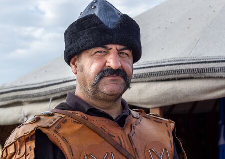 Istanbul / Turkey - October 04 2019: 4. Ethnospor cultural festival. Old Ottoman - Turkish soldier poses on festival field with traditional clothesのeditorial素材