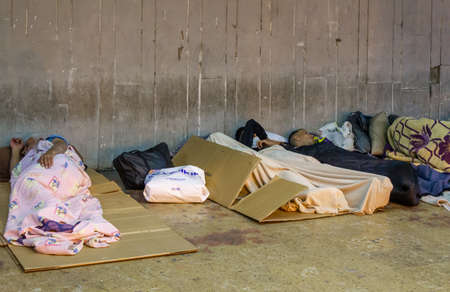 Fatih, Istanbul / Turkey - September 18 2020: Homeless people sleeping in the underpassのeditorial素材
