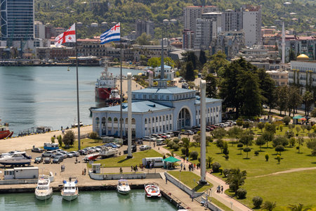 Batumi, Georgia - May 15 2022: General view of Batumi city center and sea shore on a sunny summer day. tourist destination. Batumi Ferris Wheel and Lighthouseのeditorial素材