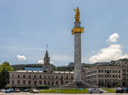 Tbilisi, Georgia - May 17 2022: Liberty or Freedom Square and St George Monument