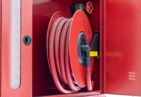 Fire extinguisher red water hose on the wall. Building fire suppression systemの写真素材