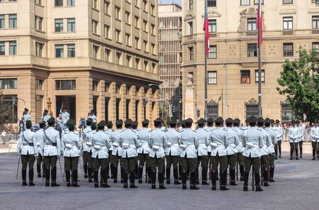 A group of soldiers with uniform participating in the change of guard at the Palacio de la Moneda. 03/24/2016 Santiago, Chile.のeditorial素材