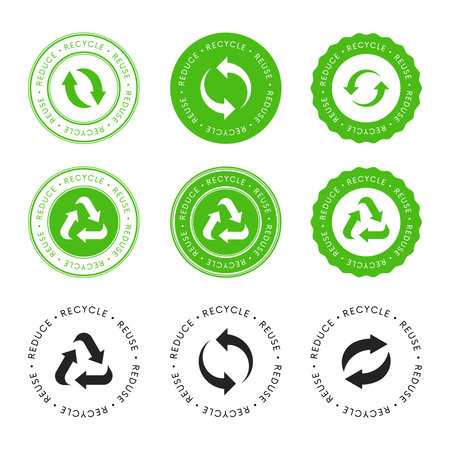 Collection Of Eco stickers. Recycle Reuse Reduce lablel icons. Bio recycled sign. Package packet logo.のイラスト素材