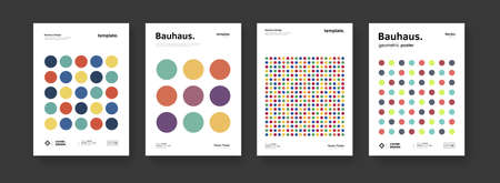 Minimal bauhaus moden posters set. Abstract geometric circles pattern. Business presentation vector A4 covers collection. Simple cubism composition.のイラスト素材
