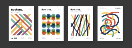 Minimal bauhaus moden posters set. Abstract geometric striped pattern. Business presentation vector A4 covers collection. Simple cubism composition.のイラスト素材