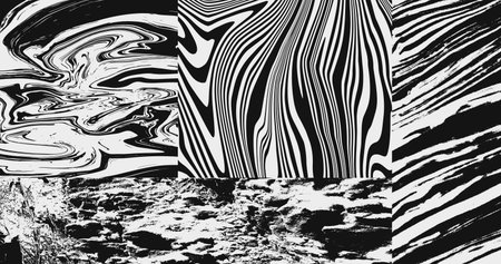 Abstract psychedelic collage. Monochrome textured background. Collection of textures. Halftone...