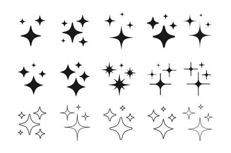 Set of Clean shining icons. Sparkle Sign. Flash symbol. Twinkle star shapes vector design.のイラスト素材