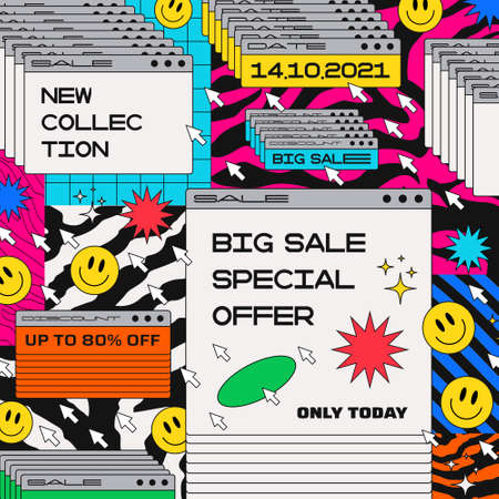 Retro Vaporwave Promo Artwork. Big Sale Special Offer Promo Banner Vector Design. 1960s style illustration. Computer Window with Special Offer.のイラスト素材