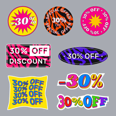 Set of Sale Tag 30% Off Stickers Vector Design. Cool Trendy Modern Promo Badges.のイラスト素材