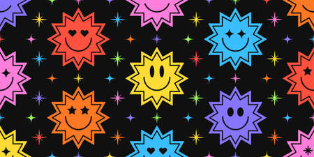 Cool Trendy Abstract Background With Smile Stickers. Colorful Patches Pattern.のイラスト素材