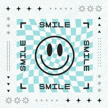 Cool Trendy Smile Abstract Artwork Print Vector Design. Happy Acid Poster.のイラスト素材