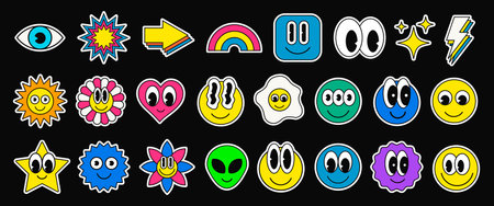 Cool Cartoon Smile Emoticon Character Stickers Collection. Set of Trendy Cute Funny Patches. Pop Art Elements.のイラスト素材