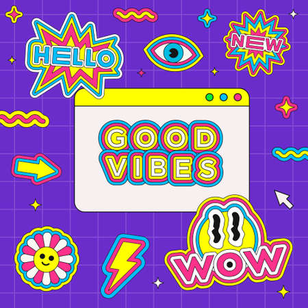 Trendy Pop Art Banner with Abstract Colorful Stickers. Cool Cute Patches Vector Design.のイラスト素材