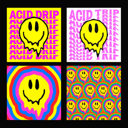 Cool Bright Acid Smile Artwork. Trendy Rave Colorful Illustration. Distorted Emoji Vector Design.のイラスト素材
