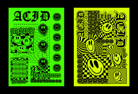 Cool Acid Style Posters Vector Design. Trendy T-shirt Smile Monochrome Print. Rave Graphics.のイラスト素材