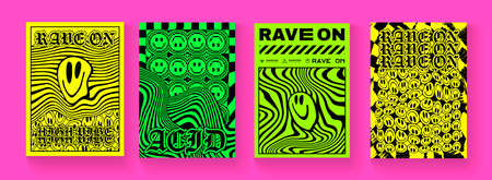 Set Of Trendy Rave On Abstract Posters. Cool Acid Smile Style Placards.のイラスト素材