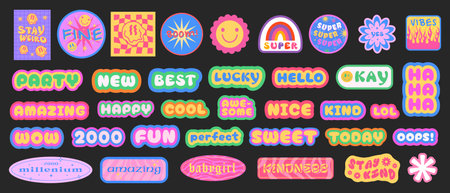Cool Y2K Stickers Vector Pack. Set of Trendy Groovy Patches. Pop Art Smile Emoji Labels. Vaporwave 2000s Graphics.のイラスト素材
