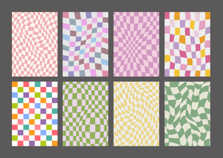 Cool Groovy Pattern Posters Collection. Set of Y2K Textures. Trendy Abstract Geometric Checkered Backgrounds. Funky Retro Vintage Backdrops.のイラスト素材