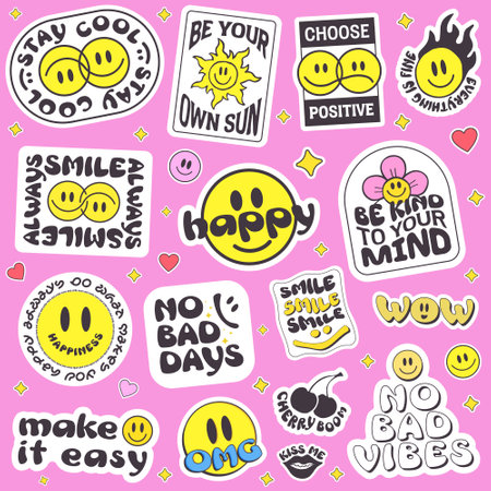 Cool Groovy Stickers Background. Y2k Patches Collage. Pop Art Illustration Vector Design. Funky Pattern.のイラスト素材