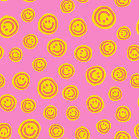 Cool Hand Drawn Smile Groovy Seamless Pattern Vector Design. Funny Happy Doodles Background.のイラスト素材