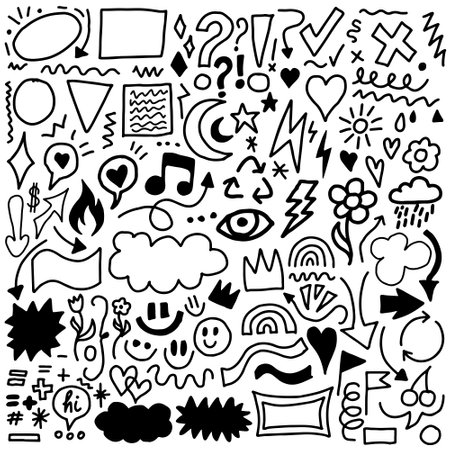 Set of Hand Drawn Doodle Elements Vector Design. Collection of Sketch Art Shapes.のイラスト素材