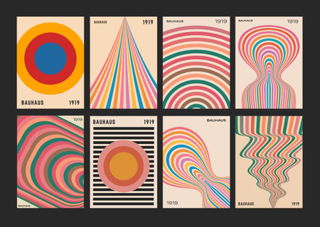 Set Of Abstract Geometric Posters. Cool Bauhaus Rainbow Covers. Optical Illusion Psychedelic Shapes. Colorful Stripes.のイラスト素材