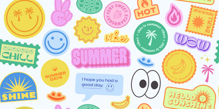 Cool Stickers Collage Y2K Seamless Pattern. Trendy patches background retro style. Pop Art Graphic Elements.のイラスト素材