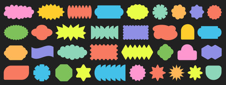 Cool Abstract Geometric Shapes. Trendy Y2K Retro Badges Vector Design. Sticker Label Elements. Minimal Frame Patch.のイラスト素材