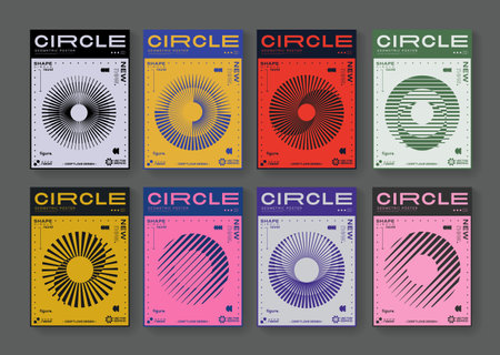 Set Of Cool Abstract Geometric Posters. Optical Illusion Circle Shape Element. Rave Acid Graphic Design. Swiss Design Retro Placard.のイラスト素材