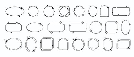 Cool Linear Frames with Stars Y2K Design. Cute Retro Minimal Shape. Decorative Geometric Figures.のイラスト素材