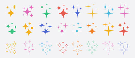 Star icons. Twinkling stars. Sparkles, shining burst. Christmas vector Signs. Cool Y2k Graphic Elements. Light Symbol.のイラスト素材