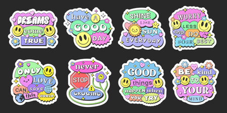 Cool Groovy Smile Pop Art Stickers. Cute Comic Y2k Patches with Phrases.のイラスト素材
