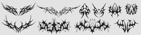 Neo Tribal Shapes Collection. Set Of Y2k Cyber Sigilism Tattoo Gothic Patterns Vector Design. Streetwear Print Graphic.のイラスト素材
