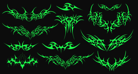 Neo Tribal Shapes Collection. Set Of Y2k Cyber Sigilism Tattoo Gothic Patterns Vector Design. Streetwear Print Graphic.のイラスト素材