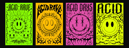 Set Of Neo Tribal Acid Rave Posters. Cyber Sigilism Tattoo Shape Placards. Cool Metal Album Covers.のイラスト素材