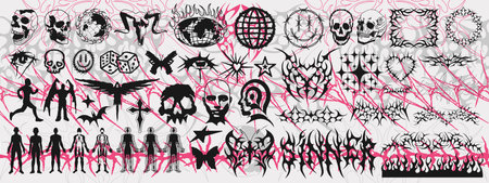Set Of Y2k Cyber Punk Vector Elements. Collection Of Neo Tribal Gothic Graphics. Streetwear Pattern Signs.のイラスト素材