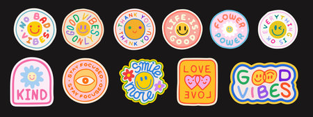 Hand Drawn Groovy Stickers Vector Design. Cool Y2k Doodle Sketched Patches. Set Of Cartoon Badges.
