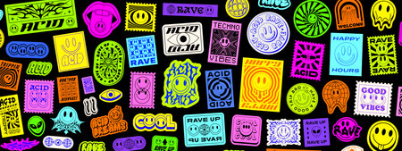 Cool Y2k Acid Rave Stickers Collage Vector Illustration. Groovy Patches.