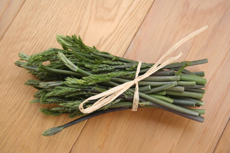 Butcher's Broom sprouts on wooden background. Ruscus aculeatus fresh sprouts on table