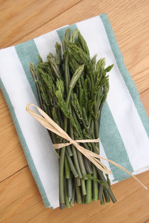 Butcher's Broom sprouts on wooden background. Ruscus aculeatus fresh sprouts on tableの写真素材