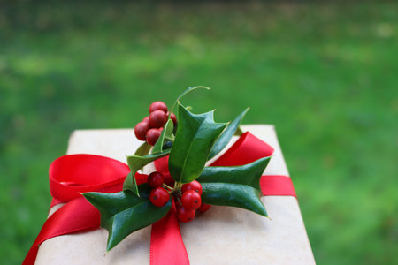 Christmas gift with Holly decoration with red berries on a green blurred background with copy space