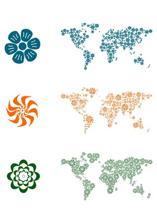 Set of three world map contours each with manually laid out simple flower shapesのイラスト素材
